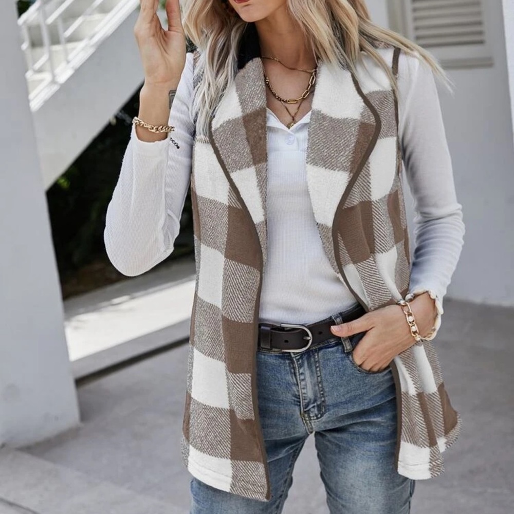Teddy shearling waterfall open vest jack coat plaid buffalo black white - Picture 7 of 9